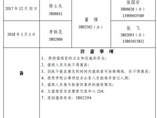 华体会平台（相山校区）华体会（中国）办公室2018年元旦假期值班表